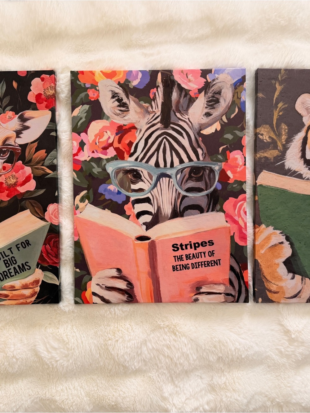 Set of (3) Animals Reading Books Canvas Wall Art - Floral Accents